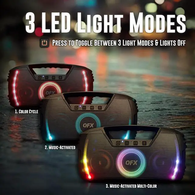 Alt view image 6 of 7 - Powerful & Portable Waterproof All Terrain Bluetooth Speaker with Deep Bass, LED Party Lights, Fast USB-C Charging, FM Radio, AUX  QFX BT-ZX35