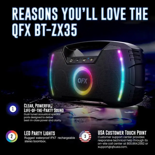 Alt view image 3 of 7 - Powerful & Portable Waterproof All Terrain Bluetooth Speaker with Deep Bass, LED Party Lights, Fast USB-C Charging, FM Radio, AUX  QFX BT-ZX35