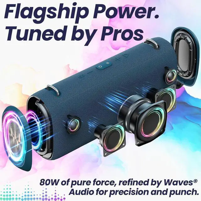 Alt view image 4 of 7 - Vibe Pro Outdoor Bluetooth Speaker, 80W Peak Loud Portable Wireless Speaker, Waterproof IPX65, Deep Bass, RGB Lights, Studio Quality Sound Powered by Waves Audio, Party & Pool Ready (Blue)
