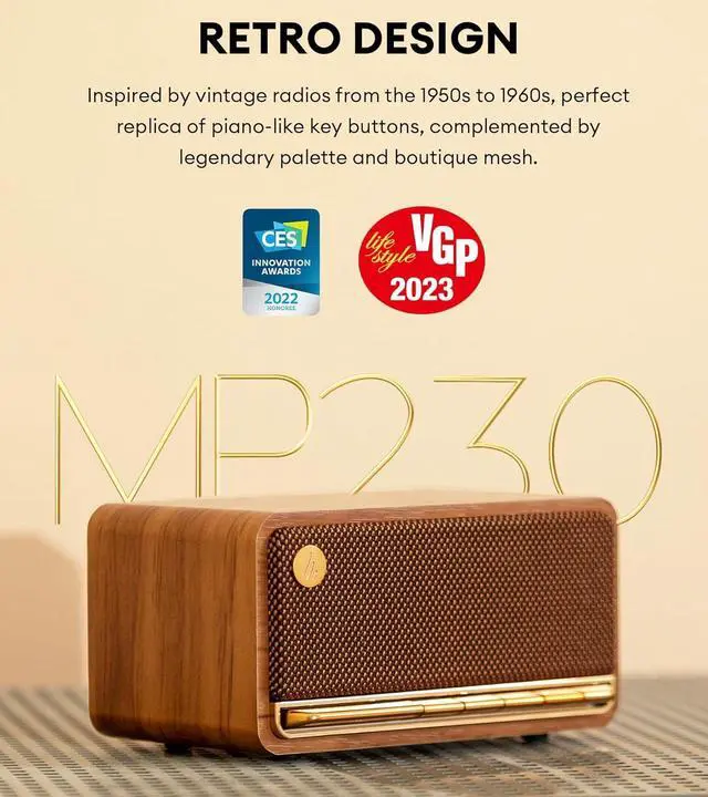 Alt view image 2 of 7 - Edifier MP230 Portable Bluetooth Speaker, Wireless Speaker with Stereo Sound for Home & Outdoor Travel, 9h Playtime, Supports AUX, USB-C, TF Card, 20W RMS - Classic Wooden