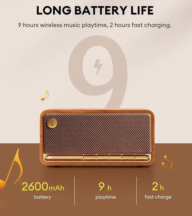 Alt view image 7 of 7 - Edifier MP230 Portable Bluetooth Speaker, Wireless Speaker with Stereo Sound for Home & Outdoor Travel, 9h Playtime, Supports AUX, USB-C, TF Card, 20W RMS - Classic Wooden