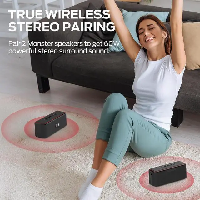 Alt view image 7 of 7 - Monster Shock Plus Bluetooth Speaker, Portable Speaker with 30W Loud Stereo Sound, Bluetooth 5.4, TWS Pairing, 15H Playtime, Support AUX/TF Card, IPX6 Waterproof Wireless Speakers for Outdoor, Party