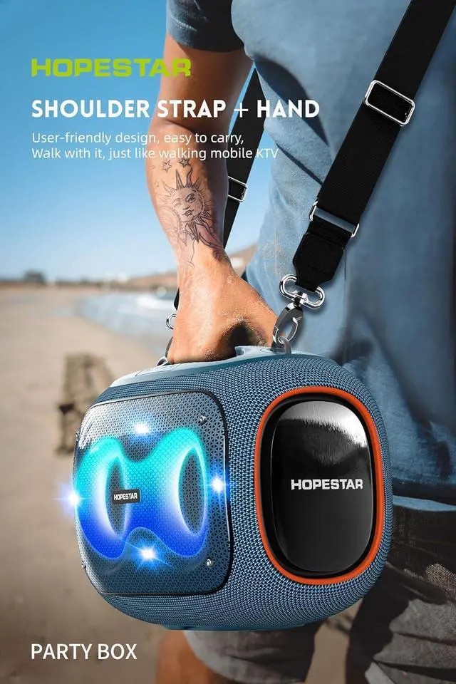 Alt view image 3 of 7 - WorryFree Gadgets Portable Party Speaker, 120W Output, IPX6 Waterproof, Bluetooth Speaker with Microphones Karaoke with Tripod, Built-in Lights (Blue)