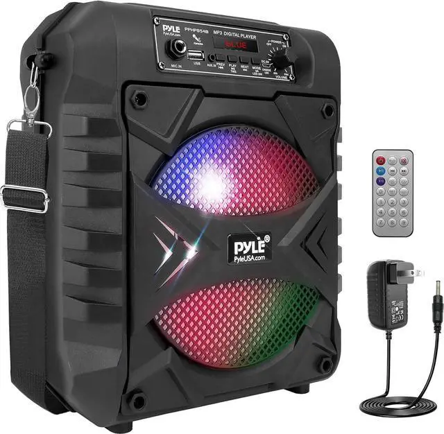 Main image of Pyle Portable Bluetooth PA Speaker System, 300W Rechargeable Outdoor Bluetooth Speaker Portable PA System w/ 8 Subwoofer, AUX, Microphone in, Party Lights, MP3/USB, Radio, Remote