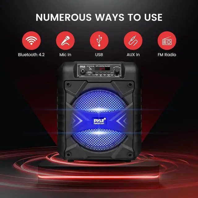 Alt view image 3 of 7 - Pyle Portable Bluetooth PA Speaker System, 300W Rechargeable Outdoor Bluetooth Speaker Portable PA System w/ 8 Subwoofer, AUX, Microphone in, Party Lights, MP3/USB, Radio, Remote