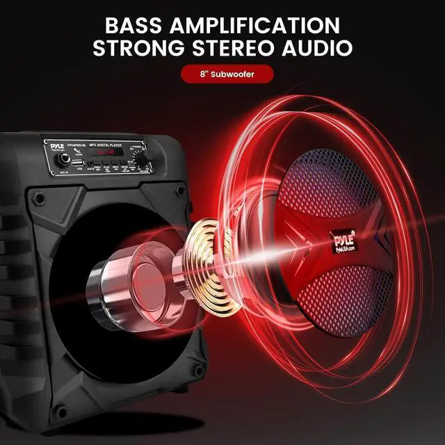 Alt view image 2 of 7 - Pyle Portable Bluetooth PA Speaker System, 300W Rechargeable Outdoor Bluetooth Speaker Portable PA System w/ 8 Subwoofer, AUX, Microphone in, Party Lights, MP3/USB, Radio, Remote