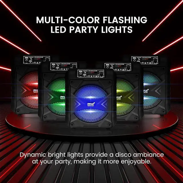 Alt view image 4 of 7 - Pyle Portable Bluetooth PA Speaker System, 300W Rechargeable Outdoor Bluetooth Speaker Portable PA System w/ 8 Subwoofer, AUX, Microphone in, Party Lights, MP3/USB, Radio, Remote