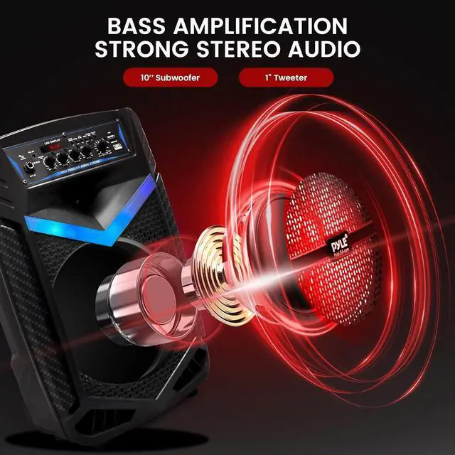 Alt view image 2 of 7 - Pyle Portable Bluetooth PA Speaker System - 600W Rechargeable Outdoor Bluetooth Speaker Portable PA System w/ 10 Subwoofer 1 Tweeter, Recording Function, Mic In Party Lights USB/SD Radio