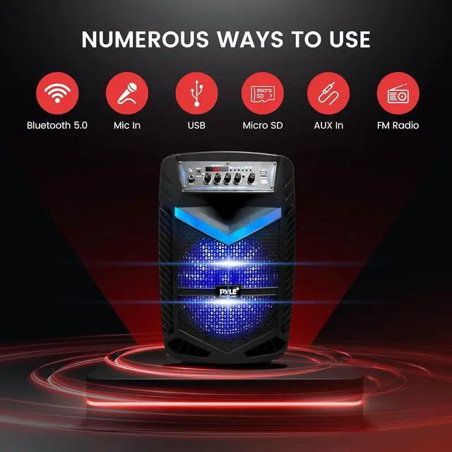 Alt view image 3 of 7 - Pyle Portable Bluetooth PA Speaker System - 600W Rechargeable Outdoor Bluetooth Speaker Portable PA System w/ 10 Subwoofer 1 Tweeter, Recording Function, Mic In Party Lights USB/SD Radio