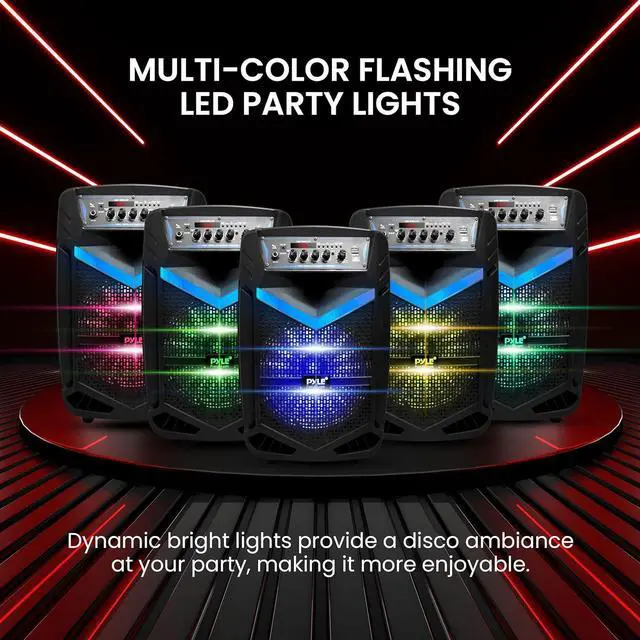 Alt view image 4 of 7 - Pyle Portable Bluetooth PA Speaker System - 600W Rechargeable Outdoor Bluetooth Speaker Portable PA System w/ 10 Subwoofer 1 Tweeter, Recording Function, Mic In Party Lights USB/SD Radio