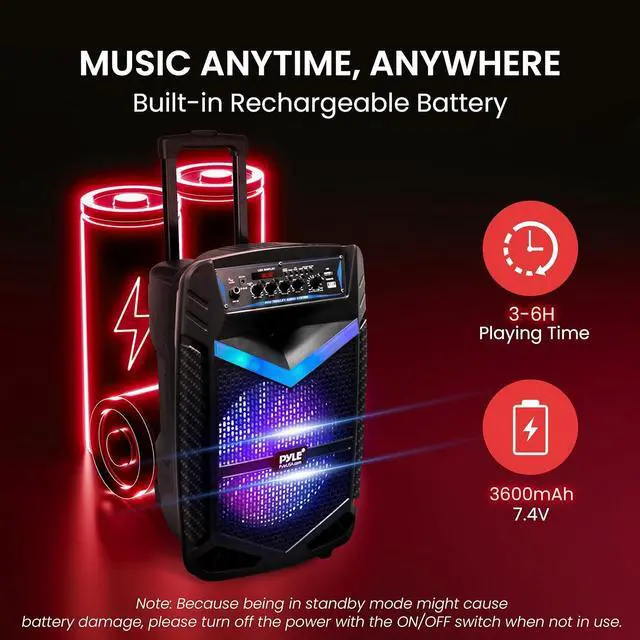 Alt view image 5 of 7 - Pyle Portable Bluetooth PA Speaker System - 600W Rechargeable Outdoor Bluetooth Speaker Portable PA System w/ 10 Subwoofer 1 Tweeter, Recording Function, Mic In Party Lights USB/SD Radio