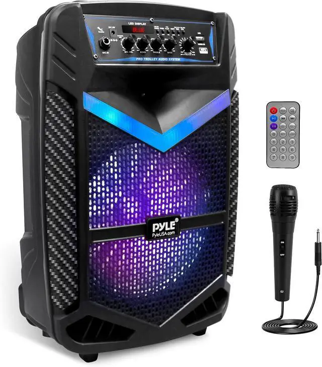 Main image of Pyle Portable Bluetooth PA Speaker System - 600W Rechargeable Outdoor Bluetooth Speaker Portable PA System w/ 10 Subwoofer 1 Tweeter, Recording Function, Mic In Party Lights USB/SD Radio