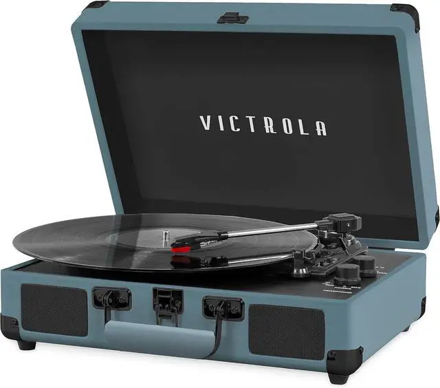 Main image of Victrola Journey Bluetooth Portable Suitcase Record Player  with Built-in Speakers, 3 Speed Vinyl Record Player, RCA Out, Headphone Jack (Smoky Blue)
