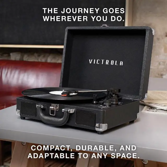 Alt view image 7 of 7 - Victrola Journey Bluetooth Portable Suitcase Record Player  with Built-in Speakers, 3 Speed Vinyl Record Player, RCA Out, Headphone Jack (Smoky Blue)