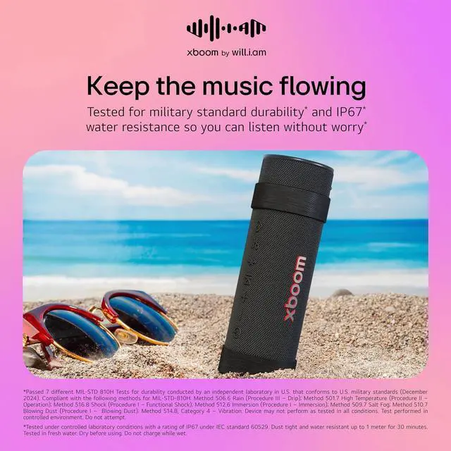 Alt view image 4 of 7 - LG xboom Grab Core by will.i.am, xboom Signature Sound, Portable Bluetooth Speaker, up to 19 Hours of Playback, IP67 Dust and Water Resistant, MIL-STD 810H Durability, Adjustable Carrying Strap