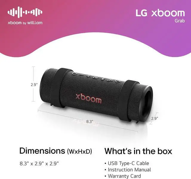 Alt view image 6 of 7 - LG xboom Grab Core by will.i.am, xboom Signature Sound, Portable Bluetooth Speaker, up to 19 Hours of Playback, IP67 Dust and Water Resistant, MIL-STD 810H Durability, Adjustable Carrying Strap