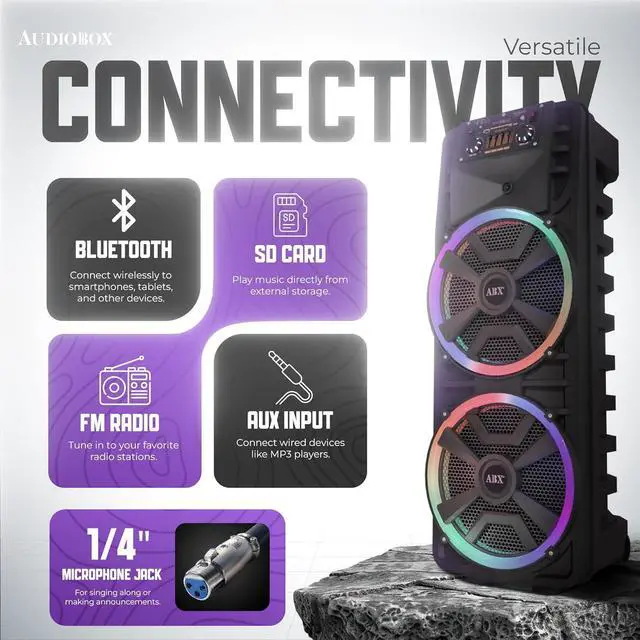 Alt view image 3 of 7 - Audiobox ABX-214R Dual 12" Portable Bluetooth Speaker, Lightweight but Loud with BASS, RGB Party Lights, Wireless Microphone, Volume, Treble & Bass Controls, 37-Inch Tall