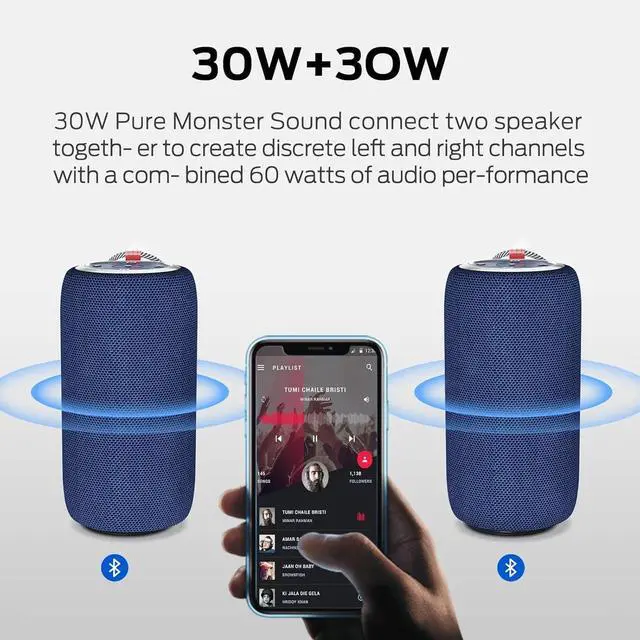 Alt view image 2 of 6 - Monster S310 Upgraded Bluetooth Speaker, 30W Portable Speaker True Wireless Stereo Pairing Deliver Dynamic Sound, IPX6 Waterproof, Bluetooth 5.2 Built-in Mic, 24H Playtime, for Party, Blue