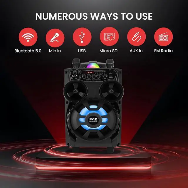 Alt view image 2 of 6 - Pyle Portable Bluetooth PA Speaker - 580W 8 Rechargeable Outdoor BT Karaoke Audio System - TWS, Disco Party Lights, LED Display, FM/AUX/MP3/USB/SD, 6.5mm in, Trolley, Wheels - Wireless Mic, Remote