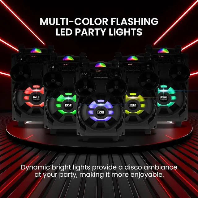 Alt view image 3 of 6 - Pyle Portable Bluetooth PA Speaker - 580W 8 Rechargeable Outdoor BT Karaoke Audio System - TWS, Disco Party Lights, LED Display, FM/AUX/MP3/USB/SD, 6.5mm in, Trolley, Wheels - Wireless Mic, Remote
