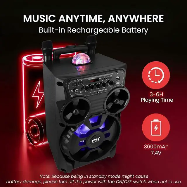 Alt view image 4 of 6 - Pyle Portable Bluetooth PA Speaker - 580W 8 Rechargeable Outdoor BT Karaoke Audio System - TWS, Disco Party Lights, LED Display, FM/AUX/MP3/USB/SD, 6.5mm in, Trolley, Wheels - Wireless Mic, Remote