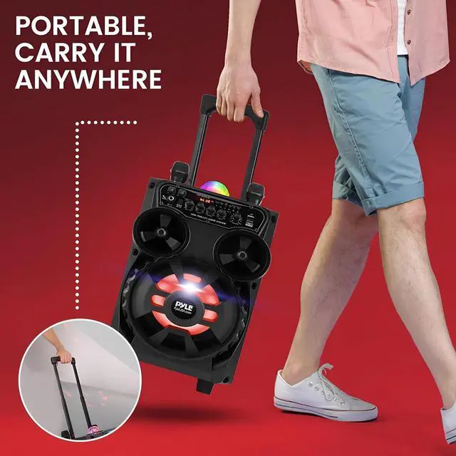 Alt view image 5 of 6 - Pyle Portable Bluetooth PA Speaker - 580W 8 Rechargeable Outdoor BT Karaoke Audio System - TWS, Disco Party Lights, LED Display, FM/AUX/MP3/USB/SD, 6.5mm in, Trolley, Wheels - Wireless Mic, Remote
