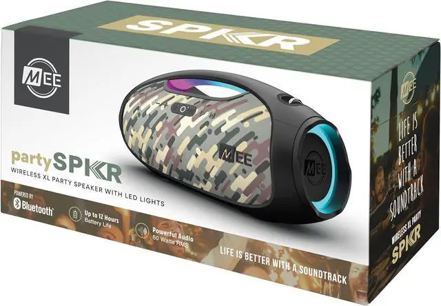 Alt view image 6 of 6 - MEE audio PartySPKR Bluetooth Wireless Speaker, Powerful 60W RMS Stereo Sound, 2 Subwoofers, Portable Speaker for Outdoor, Camping, Beach, Camo