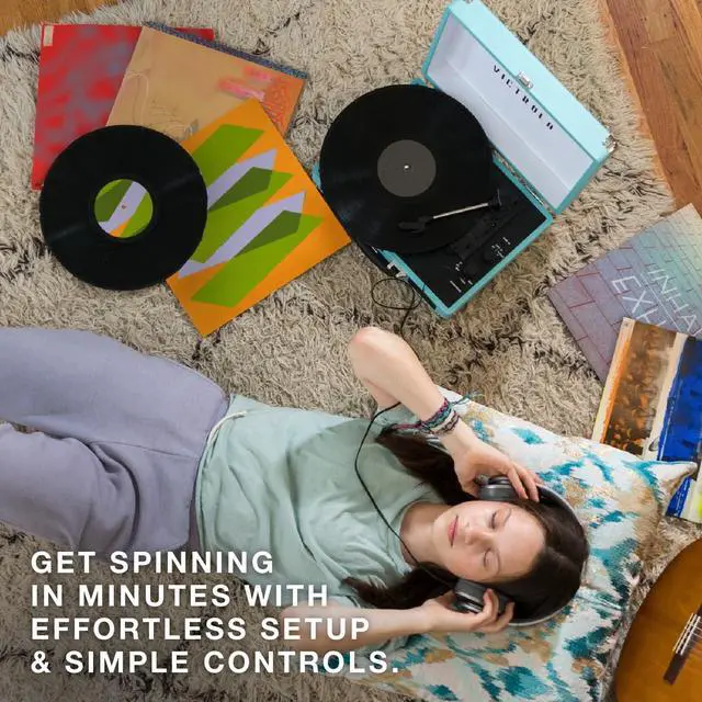 Alt view image 6 of 7 - Victrola Journey Bluetooth Portable Suitcase Record Player  with Built-in Speakers, 3 Speed Vinyl Record Player, RCA Out, Headphone Jack (Smoky Blue)
