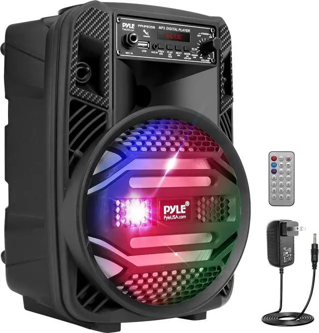 Main image of Pyle Portable Bluetooth PA Speaker System - 300W Rechargeable Outdoor Bluetooth Speaker Portable PA System w/ 8 Subwoofer 1 Tweeter, Microphone In, Party Lights, MP3/USB, Radio, Remote -PPHP835B