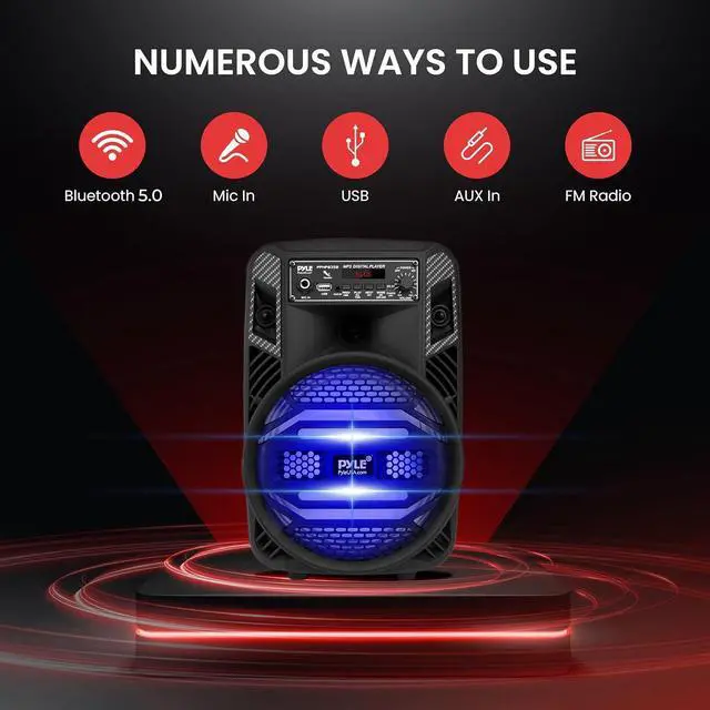 Alt view image 3 of 7 - Pyle Portable Bluetooth PA Speaker System - 300W Rechargeable Outdoor Bluetooth Speaker Portable PA System w/ 8 Subwoofer 1 Tweeter, Microphone In, Party Lights, MP3/USB, Radio, Remote -PPHP835B