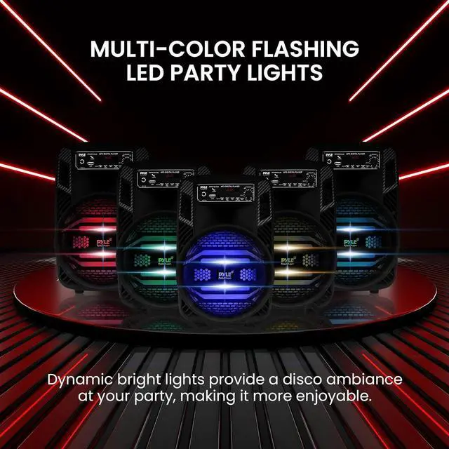 Alt view image 4 of 7 - Pyle Portable Bluetooth PA Speaker System - 300W Rechargeable Outdoor Bluetooth Speaker Portable PA System w/ 8 Subwoofer 1 Tweeter, Microphone In, Party Lights, MP3/USB, Radio, Remote -PPHP835B