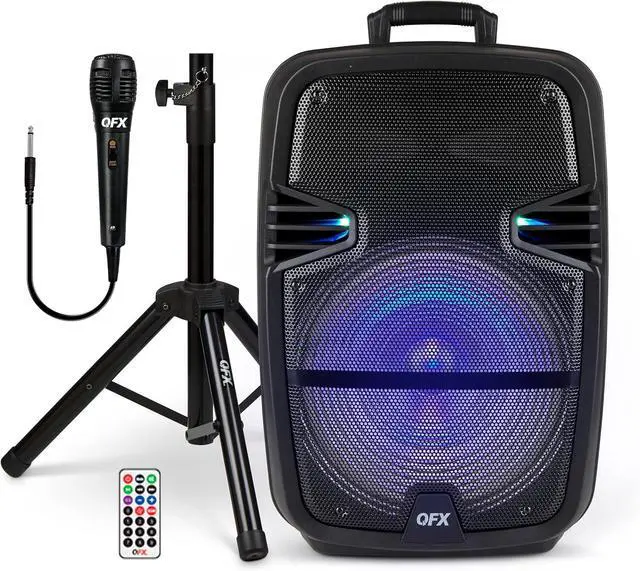 Main image of QFX PBX-616SM 15" Bluetooth Rechargeable Speaker with LED Lights, Mic and Stand, Black