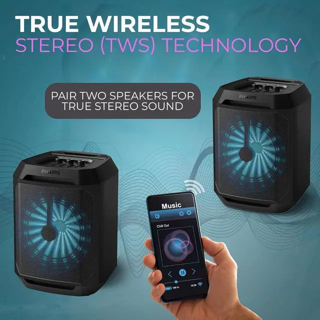 Alt view image 4 of 7 - Philips Bluetooth Party Speaker, Dynamic Bass Boost, Bluetooth and Aux-in, Microphone Input, Wireless Pairing for Stereo Sound, Up to 7 Hours Battery, Built-in Carry Handle, USB-C TAX2208
