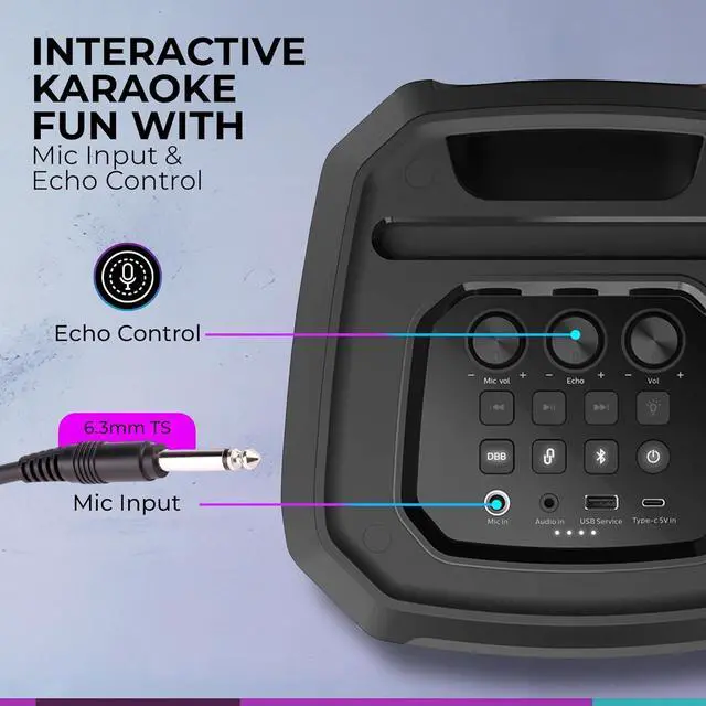 Alt view image 6 of 7 - Philips Bluetooth Party Speaker, Dynamic Bass Boost, Bluetooth and Aux-in, Microphone Input, Wireless Pairing for Stereo Sound, Up to 7 Hours Battery, Built-in Carry Handle, USB-C TAX2208