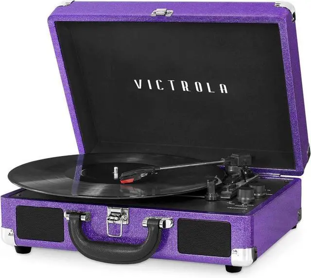 Main image of Victrola Journey Bluetooth Portable Suitcase Record Player  with Built-in Speakers, 3 Speed Vinyl Record Player, RCA Out, Headphone Jack (Purple Glitter)