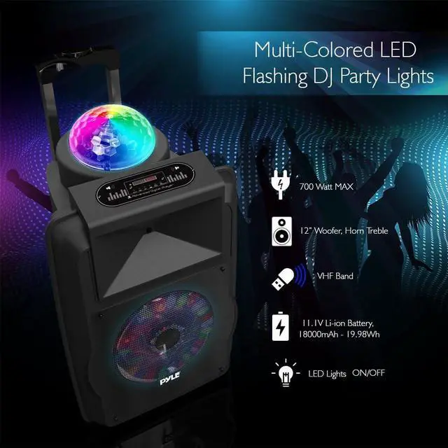 Alt view image 5 of 7 - Pyle Wireless Portable PA Speaker System - 700 W Battery Powered Rechargeable Sound Speaker and Microphone Set with Bluetooth MP3 USB Micro SD FM Radio AUX 1/4" DJ lights - For PA / Party