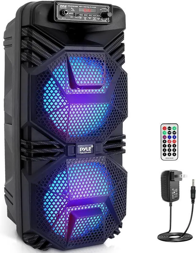 Main image of Pyle Bluetooth PA Speaker System - 600W Rechargeable Outdoor Bluetooth Speaker Portable PA System w/ Dual 8 Subwoofer 1 Tweeter, Microphone In, Party Lights, USB, Radio, Remote - Pyle PPHP2836B