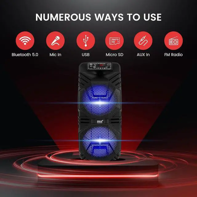 Alt view image 3 of 7 - Pyle Bluetooth PA Speaker System - 600W Rechargeable Outdoor Bluetooth Speaker Portable PA System w/ Dual 8 Subwoofer 1 Tweeter, Microphone In, Party Lights, USB, Radio, Remote - Pyle PPHP2836B