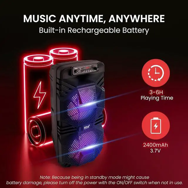 Alt view image 5 of 7 - Pyle Bluetooth PA Speaker System - 600W Rechargeable Outdoor Bluetooth Speaker Portable PA System w/ Dual 8 Subwoofer 1 Tweeter, Microphone In, Party Lights, USB, Radio, Remote - Pyle PPHP2836B