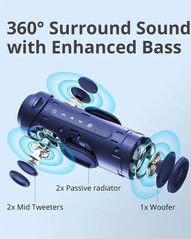 Alt view image 2 of 7 - Tronsmart T7 Portable Bluetooth Speakers with 30W 360°Surround Sound, Bluetooth 5.3, Enhanced Bass, Wireless Stereo Pairing, Custom EQ via APP, IPX7 Waterproof Speaker for Party, Home, Outdoor(Blue)