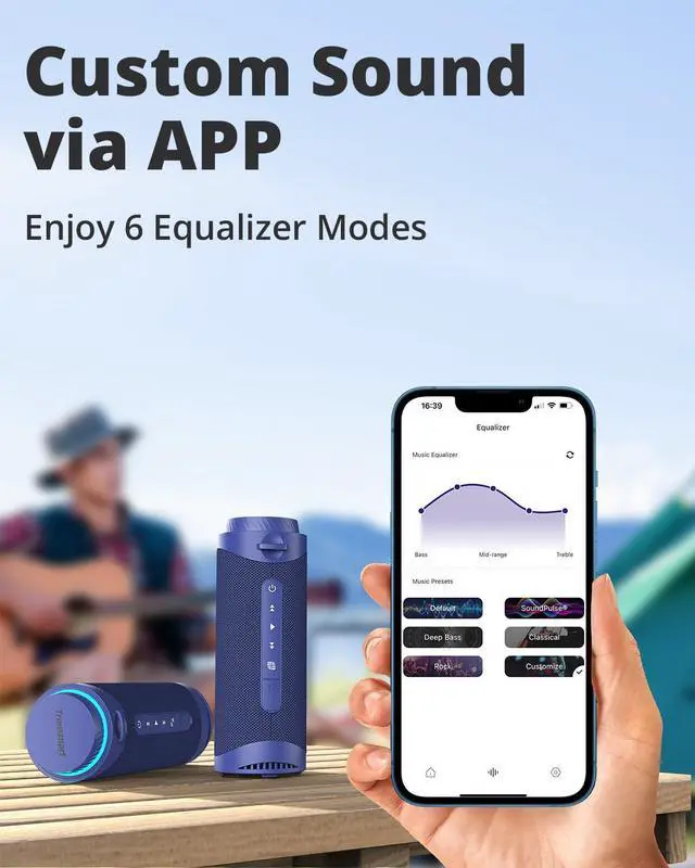 Alt view image 3 of 7 - Tronsmart T7 Portable Bluetooth Speakers with 30W 360°Surround Sound, Bluetooth 5.3, Enhanced Bass, Wireless Stereo Pairing, Custom EQ via APP, IPX7 Waterproof Speaker for Party, Home, Outdoor(Blue)