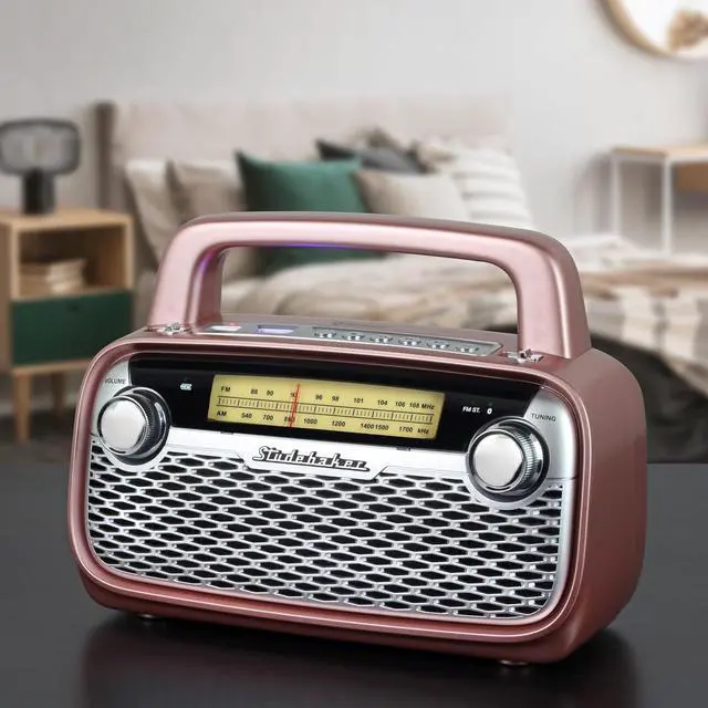 Alt view image 5 of 5 - Studebaker SB2006 Bluetooth Speaker with AM/FM Portable Radio Bluetooth Streaming, Rechargeable Battery, and High Power (Rose Gold)