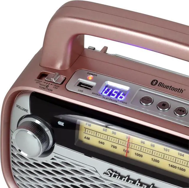 Alt view image 3 of 5 - Studebaker SB2006 Bluetooth Speaker with AM/FM Portable Radio Bluetooth Streaming, Rechargeable Battery, and High Power (Rose Gold)