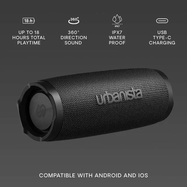 Alt view image 4 of 6 - Urbanista Wireless Bluetooth Speaker, Portable Speaker Waterproof IPX7 Rating, 18H Playtime, Button Controls, Bluetooth 5.2 Dual Pairing, Loud Speaker Stereo Sound, Outdoor Speakers, Nashville, Black