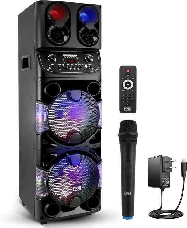 Main image of Pyle Portable Bluetooth PA Speaker - 600W Dual 10 Rechargeable Indoor/Outdoor BT Karaoke Audio System -LED Display, FM/AUX/MP3/USB/SD, 1/4" in, Handle, Wheels -Wireless Mic, Remote Control