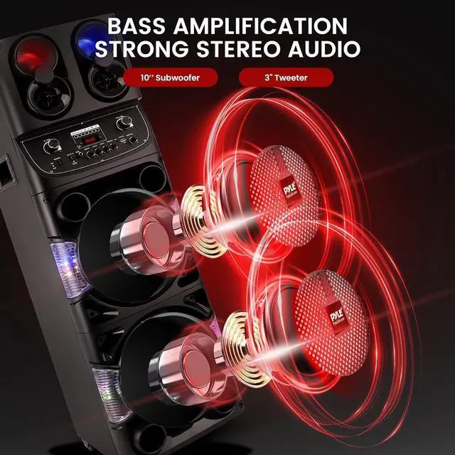 Alt view image 2 of 7 - Pyle Portable Bluetooth PA Speaker - 600W Dual 10 Rechargeable Indoor/Outdoor BT Karaoke Audio System -LED Display, FM/AUX/MP3/USB/SD, 1/4" in, Handle, Wheels -Wireless Mic, Remote Control