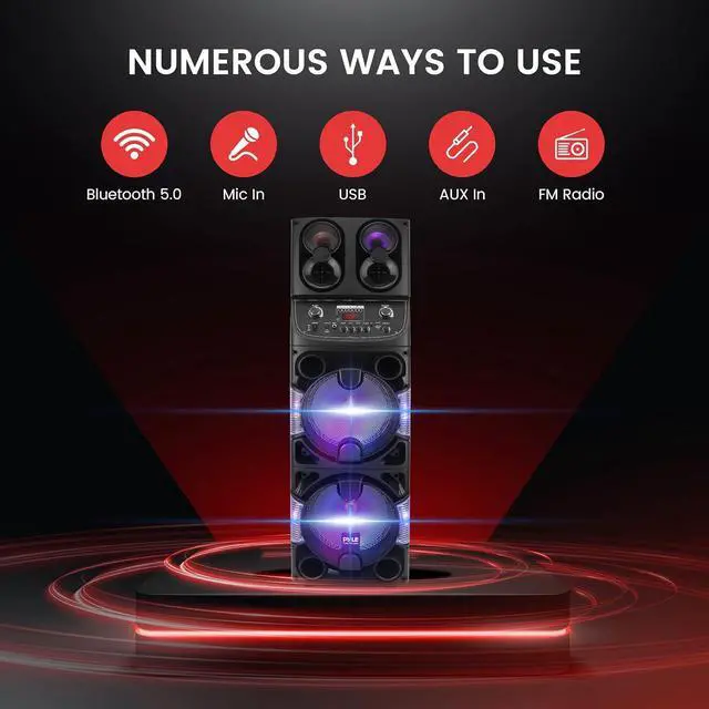 Alt view image 3 of 7 - Pyle Portable Bluetooth PA Speaker - 600W Dual 10 Rechargeable Indoor/Outdoor BT Karaoke Audio System -LED Display, FM/AUX/MP3/USB/SD, 1/4" in, Handle, Wheels -Wireless Mic, Remote Control