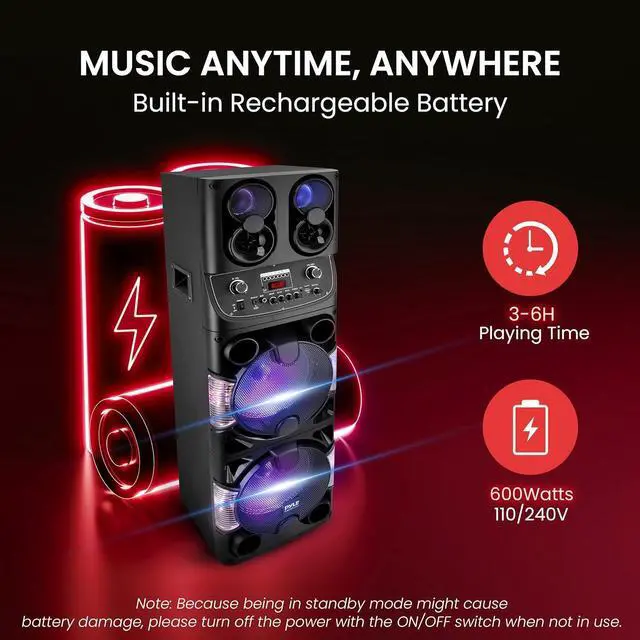 Alt view image 5 of 7 - Pyle Portable Bluetooth PA Speaker - 600W Dual 10 Rechargeable Indoor/Outdoor BT Karaoke Audio System -LED Display, FM/AUX/MP3/USB/SD, 1/4" in, Handle, Wheels -Wireless Mic, Remote Control