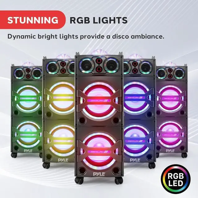 Alt view image 3 of 7 - Pyle Portable Bluetooth PA Speaker System - 2000W Active powered Outdoor Bluetooth Speaker Portable PA System w/ Microphone In, Party Lights, USB SD Card Reader, AUX/RCA/FM Radio, Wheels - PSUFM1043BT
