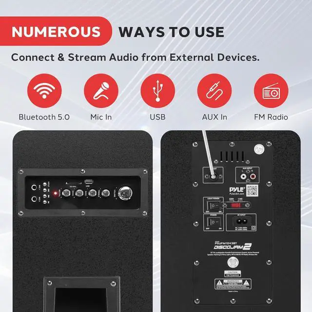 Alt view image 4 of 7 - Pyle Portable Bluetooth PA Speaker System - 2000W Active powered Outdoor Bluetooth Speaker Portable PA System w/ Microphone In, Party Lights, USB SD Card Reader, AUX/RCA/FM Radio, Wheels - PSUFM1043BT